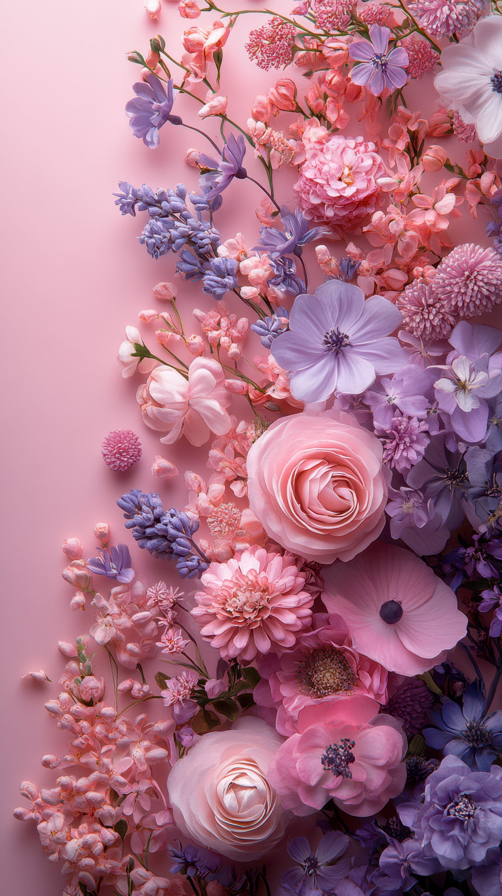 Colorful floral arrangement with pink and purple blooms in soft light on a pastel background